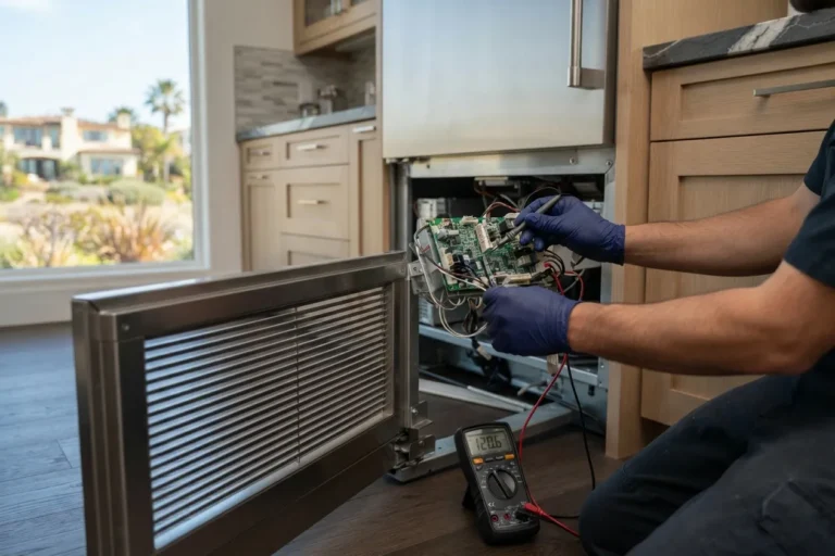 Technician testing the control board of a built-in refrigerator