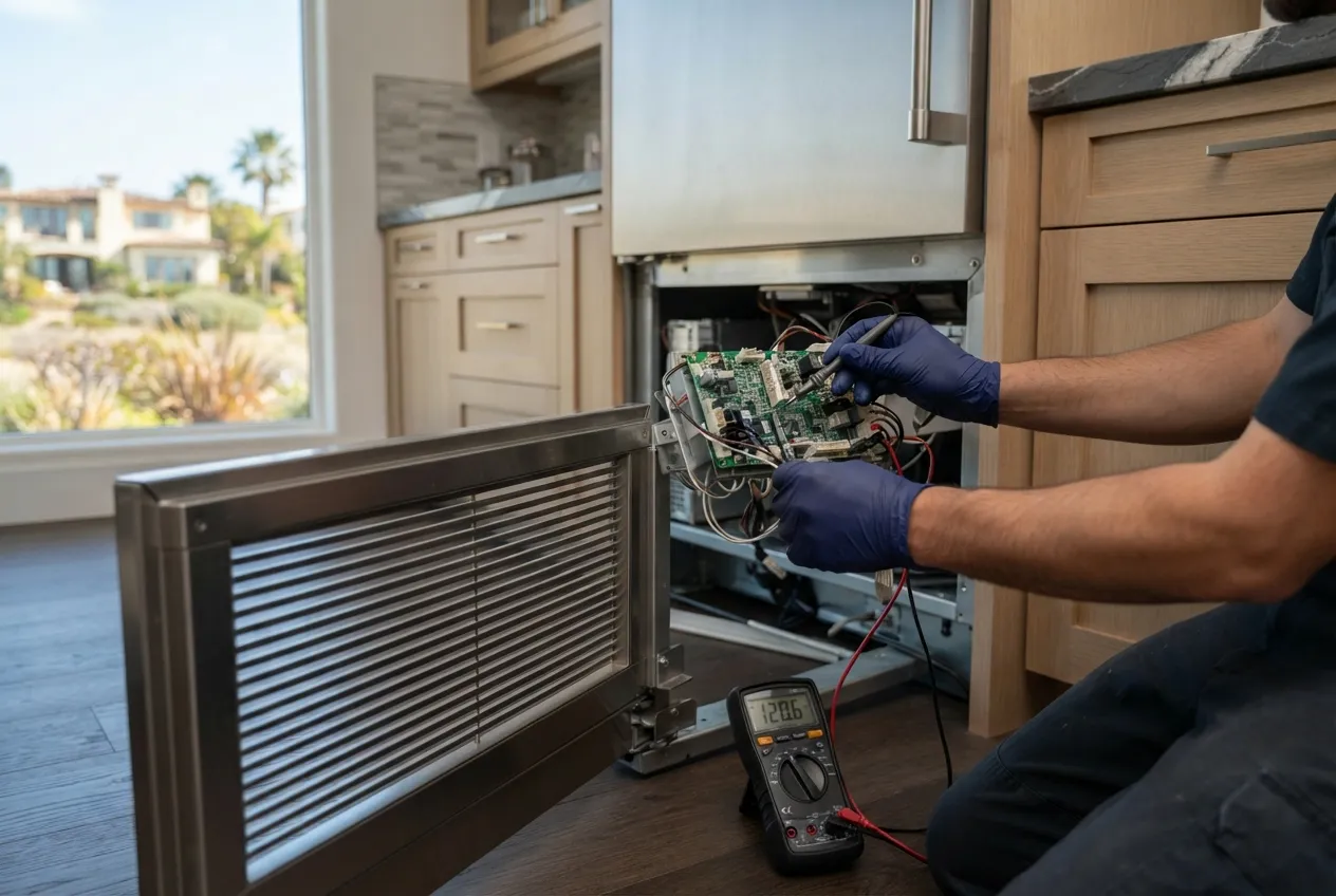 Technician testing the control board of a built-in refrigerator